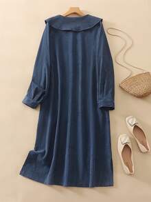 大码女式复古灯芯绒翻领宽松单排扣长袖连衣裙开衫，冬季服装，女士冬季外套