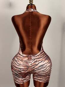 夏季街头豹纹紧身连体裤深 V 领露背连体衣俱乐部女款 - 棕色 - 查看 4