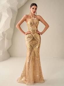 Astony One 优雅奢华金色晚礼服，性感露背设计，修身剪裁，闪亮亮片和珍珠刺绣点缀，飘逸雪纺美人鱼裙摆，是狂欢节、新年、奢华晚宴、情人节、生日派对、订婚、品牌活动、毕业典礼、红毯场合的理想之选。 - 金色 - 查看 3