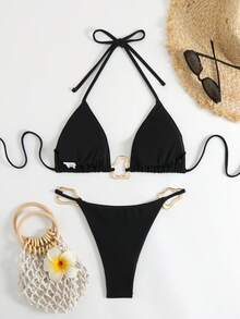 新款性感欧美风纯色肩带扣饰比基尼泳装，女士度假沙滩黑色夏季款 - 黑色 - 查看 5