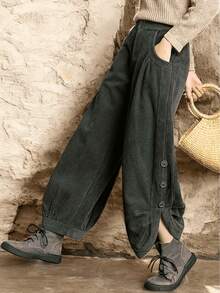 Women's Trousers, Old Money Style, Corduroy Solid Color Cargo Pants, Suitable For Daily Wear, All Seasons, Office Attire Fall - Army Green - View 5