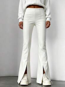 Pantalones con abertura lateral Novedades otoño/invierno Pantalones de cuero con aberturas y parches blancos de cuero sintético Pantalones de cuero acampanados y ajustados muy sexys Pantalones de cuero acampanados con aberturas y cintura alta para mujer - Blanco - Ver 1