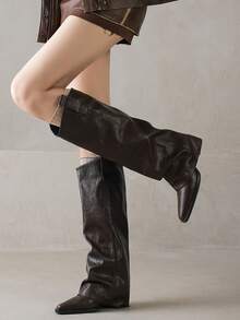 hanxiangyuzu 女士末日风高跟过膝长靴，黑色，尖头，粗跟，牛仔靴，西部风格，2025秋冬新款 - 棕色 - 查看 7