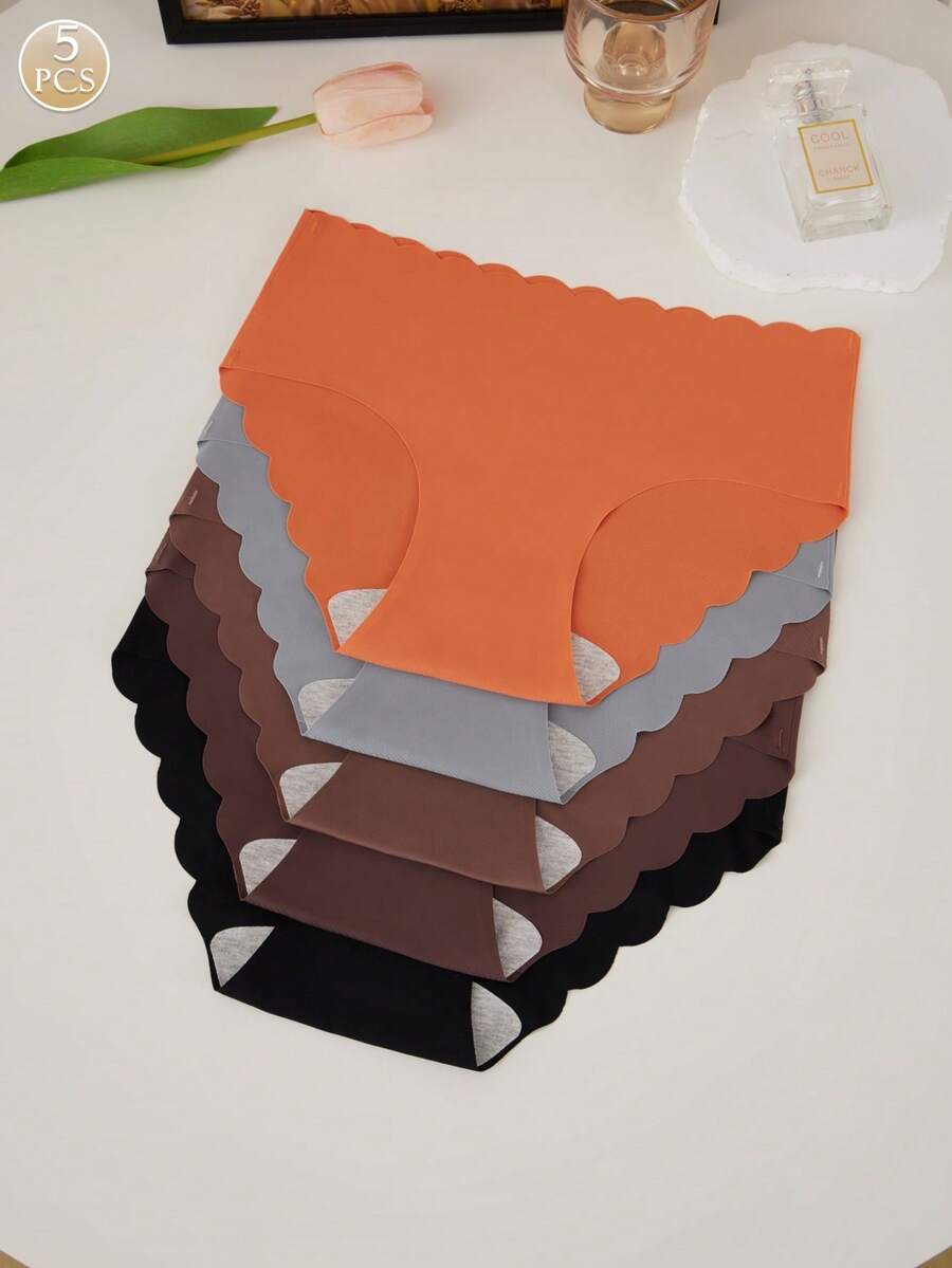 5 piezas de bragas de mujer de tiro bajo con dobladillo ondulado - Tela suave y elástica, colores sólidos ropa interior cómoda para uso diario, pantis triangulares para uso casual - Multicolor - Ver 1