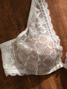 女士新款法式极简蕾丝性感深V无钢圈文胸，提拉支撑小胸 - 白色 - 查看 5