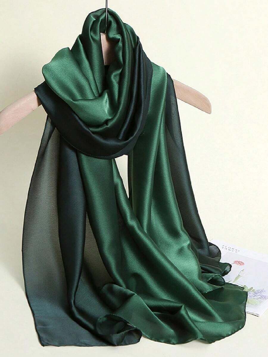 1pc New Gradient Hand Painted Satin Shawl Scarf Women Wrap Bandana,Hair Band,Head Band Ideal For Dressing Up Your Look Accessories Women - Xanh đậm - Xem 1