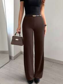 女士休闲直筒纯色长裤，高腰阔腿裤，百搭优雅，适合工作和日常穿着，春季款 - 鏽棕色 - 查看 6