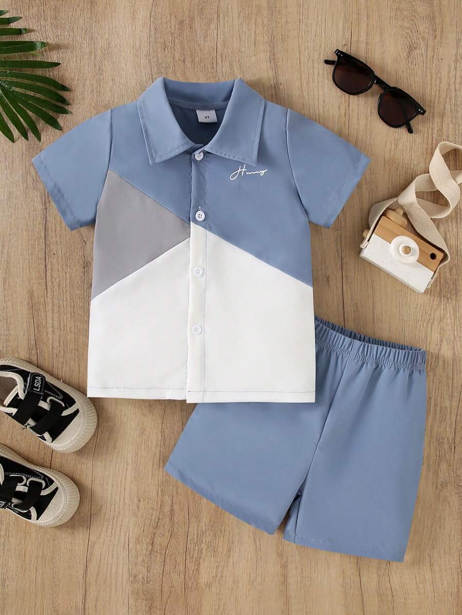 Bộ 2 áo sơ mi tay ngắn in chữ Colorblock và quần short trơn đơn giản thoải mái cho bé trai, mùa hè - Màu xanh bụi bặm - Xem 1