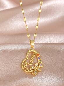 1件可爱精致的金色不锈钢心形套装，镶嵌锆石字母吊坠项链，青少年派对宴会珠宝礼物，心形项链 - 彩色 - 查看 2