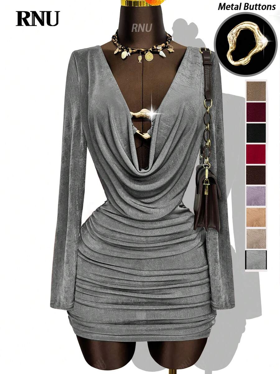 RNU Robe grise sexy pour femmes avec col drapé, boutons métalliques, détails ajourés, sequins minimalistes et bas élastique ajusté. Tenue décontractée pour le bureau, les sorties en boîte de nuit, les concerts, les fêtes sexy, les vacances et les rendez-vous. Manches longues, jupe courte, stretch et coupe slim. Idéale pour le printemps, l'été, l'automne et l'hiver.