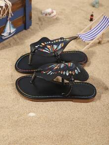 Girls' Fashion Slippers, New Summer Design With Embroidered Butterfly, Stylish, Generous, Lightweight And Flat - Black - View 2