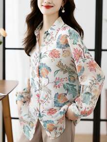 Women's Floral Print Long Sleeve Single-Breasted Casual Shirt, Elegant Ladies Blouse - Multicolor - View 8