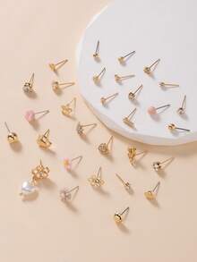 30pcs/Set Women's Fashion Earrings Set, Rhinestone, Metal, Faux Pearl, Cute Flower, Bow, Heart Shaped, Casual, Daily Wear, Simple Jewelry Gift - Multicolor - View 3