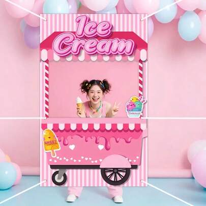 1pc Sweet Style Pink Ice Cream Truck Party Hollow Decorative Banner, Cartoon Ice Cream Themed Background Cloth, Birthday, Summer Party & Event, Fun Design, Holiday Gathering