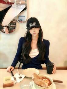 优雅V领蝴蝶结蕾丝二合一T恤，修身款，女士秋冬打底衫 - 藏蓝色 - 查看 3