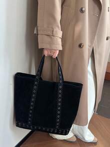 Niche Design Temperament Rivet Tote Bags Large Capacity Suede Fashionable Versatile Casual Shoulder Armpit Bag - Black - View 3
