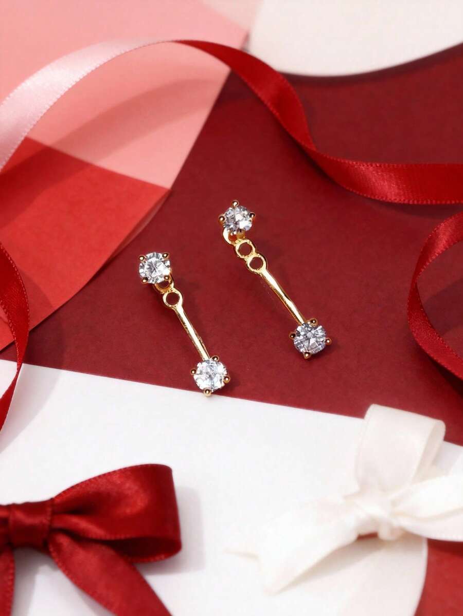 一对简约后挂式水钻耳环，独特闪亮设计，百搭佩戴 - 均碼 - 查看 1
