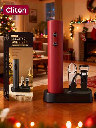 CLITON 5-In-1 Electric Wine Opener Gift Set Electric Wine Bottle Opener Battery Operated Corkscrew With Foil Cutter, Wine Pour, Wine Stopper And Storage Base, Electric Wine Opener, Battery Operated Corkscrew Wine Opener With Foil Cutter, Aerator, Vacuum Stopper And Storage Base, Ideal Wine Gifts For Birthdays, Weddings, Housewarmings,