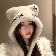 Cute Bear Ear Bowknot Atmosphere Cold-Proof Autumn Winter Hat For Women Best Friend Same Style Windproof Ear Protection Warm Hat - White - View 4