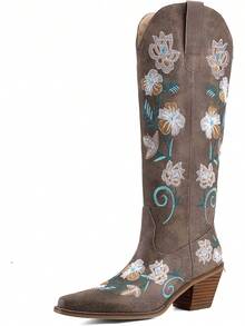 Women's Western Cowboy Boots Knee High, Floral Embroidered Vintage Cowgirl Boots With Pointed Toe & Chunky Heel, Pull-On Tabs For Country Style, Concert, Party And Daily WearChristmas - 熱情勃根地花卉 - 查看 2