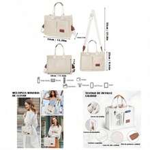 Lumbor37 Bolsa de Lona para Mujer con Hebilla, Tote Bag Cruzada para Oficina, Bolsillo con Cremallera Integrado, Viajes, Bolso Escuela - Blanco - Ver 1