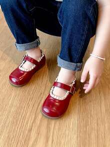 3-12岁女童酒红色蕾丝边PU皮防滑魔术贴低帮平底鞋，甜美复古洛丽塔风格，适合日常休闲、学校派对、新年庆典等场合，畅销款 - 酒紅色 - 查看 5