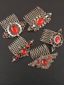 1pc Vintage Metal Flower & Leaf Design Hair Clip, Red, Festive Holiday Gift, Combs, Side Comb, Headpiece, Hair Accessories, New Year Glamour, Hair Accessories For Women,Summer,Travel,Festival,Birthday - Multicolor - View 2
