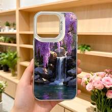 Cubierta de telefono con diseño de cascada y flores moradas para iPhone 14 Pro Max color negro con impresion de paisaje natural y texto CASENO ideal para uso diario en floristeria o eventos elegantes Aplicable a los teléfonos de la serie Apple y Galaxy - Negro - Ver 5