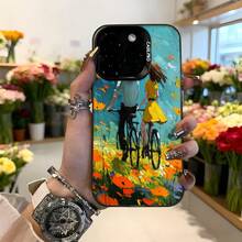 Cubierta de teléfono con diseño artístico para iPhone en color azul turquesa con estampado de niña en bicicleta y flores silvestres estilo pintura al óleo ideal para uso diario y ocasiones casuales Aplicable a los teléfonos de la serie Apple y Galaxy - Negro - Ver 2