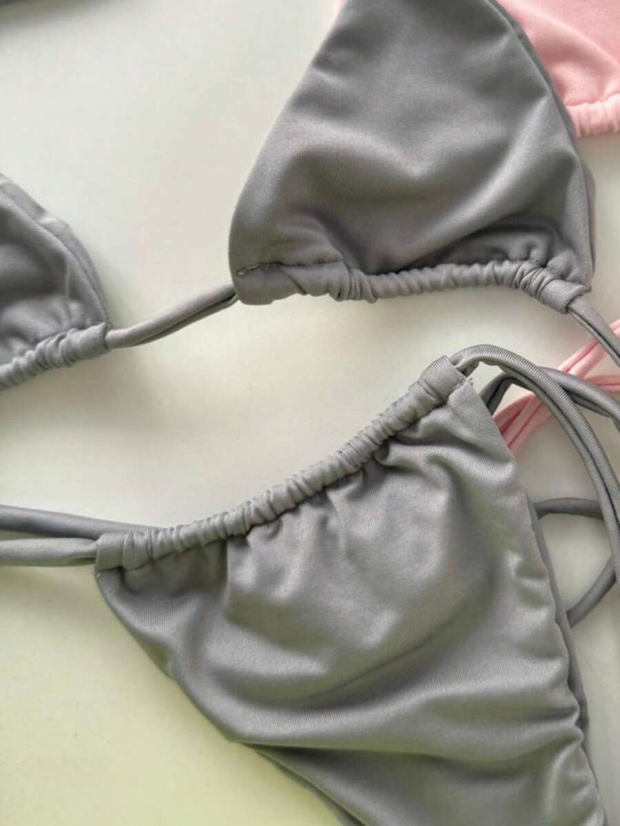 Adjustable Triangle Bikini With UV Protection, Stylish Tie-Up Style, Beach, And Vacation Details. - Grey - View 1