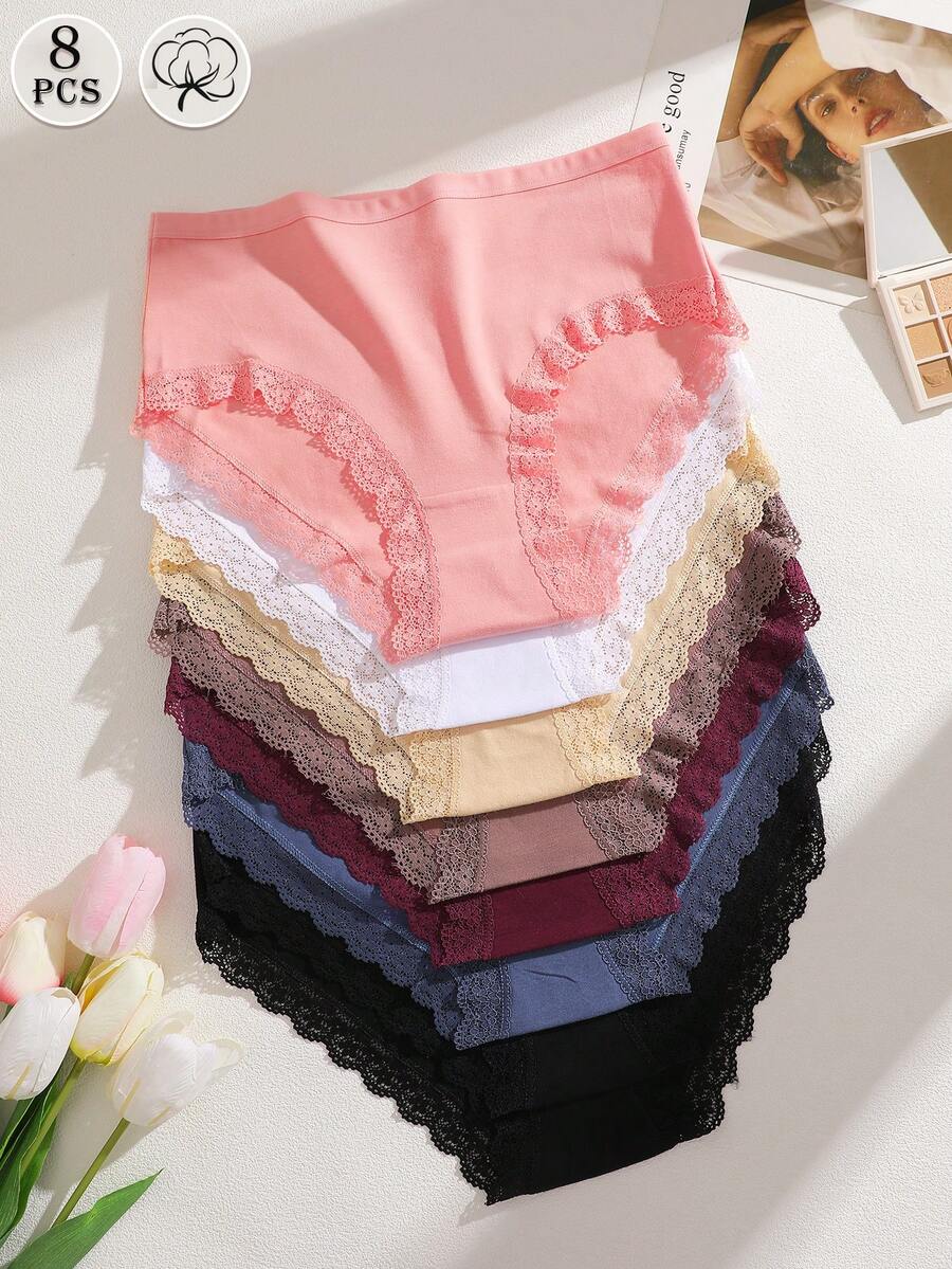 8Pcs Cotton Mid-High Waist Lace-Trimmed French-Style Full-Coverage Women's Briefs In Multiple Sizes, S-XXL Plus Size Women's Panty Sets. - 彩色 - 查看 1