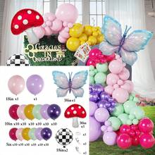 129 piezas Conjunto de corona de globos temática, incluye globos de aluminio con diseños de mariposa, seta y tablero de ajedrez, así como globos de látex metálicos en rosa, rosa, morado, amarillo y verde. Adecuado para fiestas de cumpleaños, baby shower, decoración al aire suministros para fiestas con temática de maravillas. - Multicolor - Ver 8
