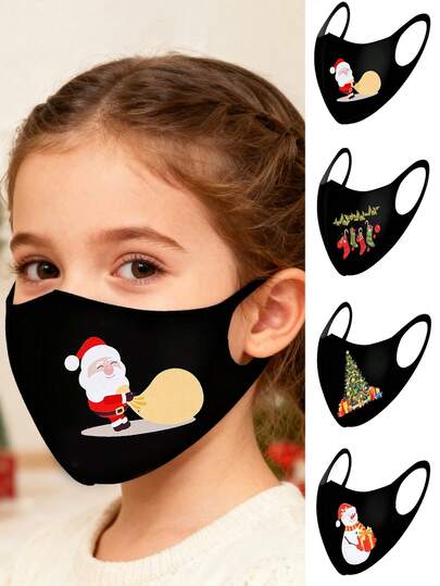 2pcs Kids Christmas Tree & Snowman Print Face Mask Set, Cute Cartoon Mask For Boys & Girls, Elastic Mask, Christmas Decor, Children Facial Accessory