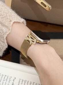 1pc Elegant Gold Bow Tie Magnetic Mesh Stainless Steel Watch Band Women Compatible With Apple Watch S11/10/9/8/7/6/5/4/3/2/1/Se/Ultra, Compatible With Apple Watch 46/49/38/40/41/42/44/45mm, Charm Gifts For Women - Gold - View 9