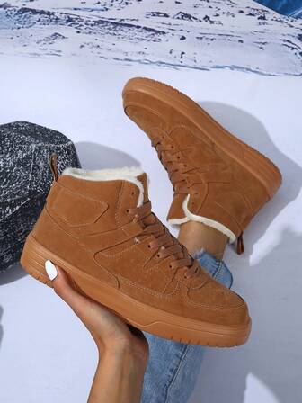 Women's High-Top Casual Sneakers With Thermal Lined, Brown Fleece Boots, Women's Work Boots, Winter Boots, Snow Boots, Waterproof Hiking Boots, Outdoor Shoes, Student Sports Shoes, Couples Shoes, Holiday Gifts, Birthday Gifts
