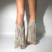 LISHAN Women's Western Cowboy Cowgirl Boots Fringed Tassel Block Heels Embroidered Calf High BootsChristmas - Màu be - Xem 6