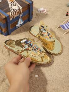 Girls' Fashion Slippers, New Summer Design With Embroidered Butterfly, Stylish, Generous, Lightweight And Flat - Gold - View 2