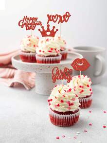 12pcs Red Happy Galentine's Day Cake Decorations - Glitter Bestie Holiday Love Lips XOXO Cupcake Toppers - Suitable For Galentine's Day Friends Party Decor, Valentine's Day Party Decor - Multicolor - View 3