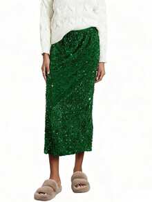 Women's Elegant Sparkly Sequin Midi Skirts Elastic High Waist Shiny Glitter Pencil Formal Party Long Skirts - 綠色 - 查看 1