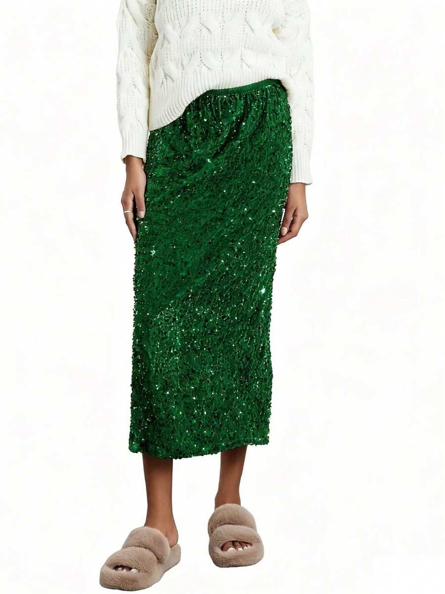 Women's Elegant Sparkly Sequin Midi Skirts Elastic High Waist Shiny Glitter Pencil Formal Party Long Skirts - 綠色 - 查看 1