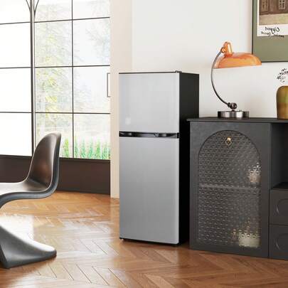 HOMCOM Mini Fridge With Freezer, 4.6 Cu. Ft 2 Door Compact Refrigerator With Adjustable Thermostat, Removable Glass Shelves, Reversible Door For Bedroom, Dorm, Kitchen, Silver