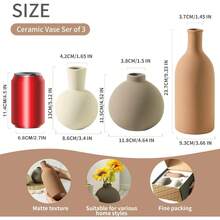 Ceramic Vase Set Of 3, Vases Home Decor Rustic Farmhouse Decorative Vase Pottery Vases For Bouquet Pampas Grass Dried Fresh Flowers, Table Living Room Kitchen Bedroom Bathroom - Brown - 棕色 - 較大 - 查看 2