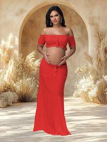 JustVH 2pcs/Set Maternity Off-Shoulder Ruffle Hem Crop Top And Flowing Maxi Skirt Set, Suitable For Photography And Beach Wear - Red - View 1