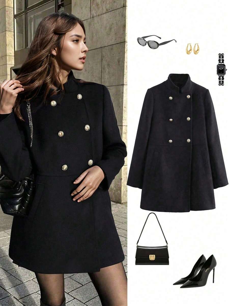 Long Wool Blend Double-Breasted Coat, Fashionable & Versatile, Winter - Black - View 1