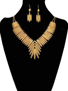 3pcs Minimalist Metal Copper Gold Jewelry Set - Includes Necklace, Earrings And Chain. Suitable For Women As Accessories For Weddings, Parties And Other Occasions - Yellow Gold - View 5