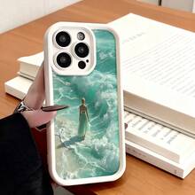 Cubierta de teléfono con borde negro diseño de mujer en la playa con olas verdes para uso diario y viajes - Café integral - Ver 4