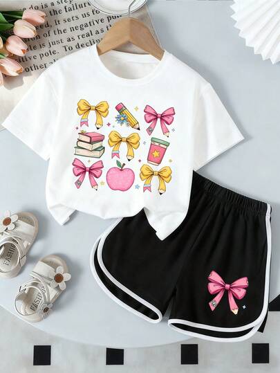 Toddler Girls' Cartoon Print Short Sleeve Top And Shorts Set
