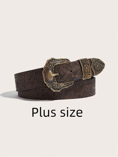 1pc Plus Size Women's Bohemian Vintage Western Style Brown Chunky Belt, Retro Antique Copper Buckle Embossed Waist Belt, Suitable For Dresses, Coats, Sweaters, Pants, Party, Casual, Dating, Campus, Music Festival, Winter