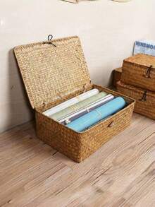 Nordic Style Handwoven Seagrass Storage Box With Lid, Handmade Woven Storage Basket With Cover, Rectangular Storage Box, Creative Space-Saving Storage Box, Suitable For Storing Cosmetics, Stationery, Clothes, Toys, Bathroom Items, Bedroom Items, Living Room Items, Dorm Items, Office Desk Items, Snacks, Jewelry, Also Can Be Used As Back To School Supplies Or Wedding Favor Packaging. - Multicolor - View 6