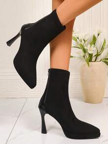 Women's Pointed Toe Stiletto Ankle Boots, Pointed Toe Stiletto Design, Pointed Mid-Calf Zipper Decor, Stiletto High Heel, Pointed Toe Modern Ankle Boots, Fashion Commuter Style, Suitable For Women's Daily Work And Party Wear In Autumn/Winter, Suede Material, Fashionable Pointed Toe Stiletto Ankle Boots - Black - View 1